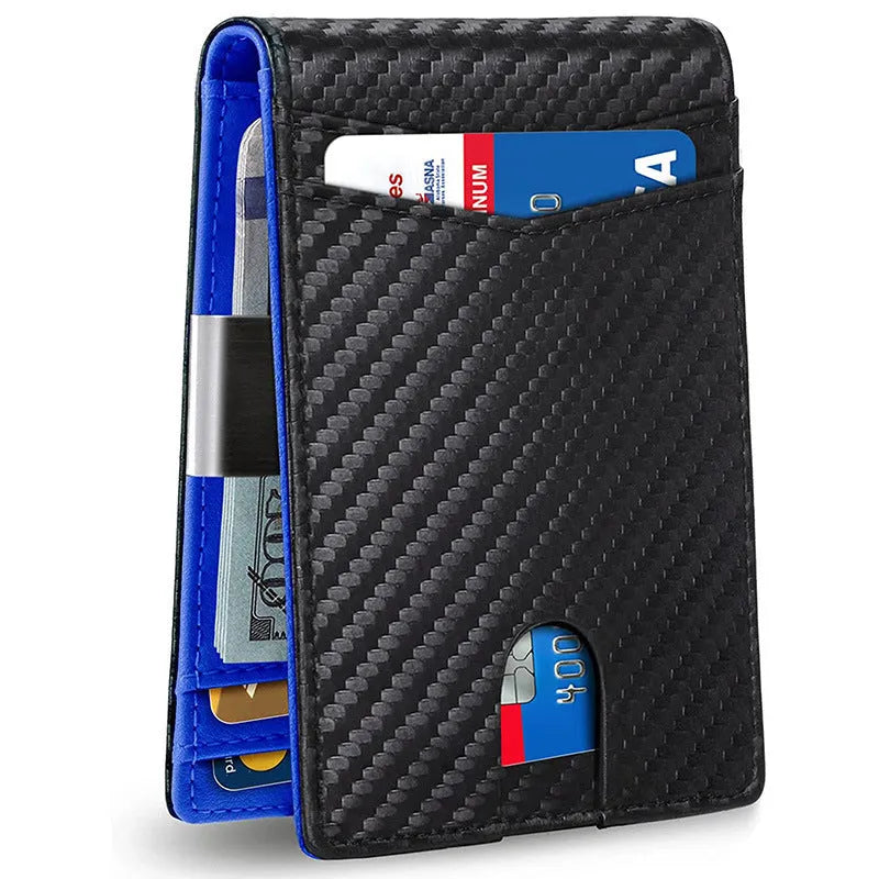 PU leather anti-theft card holder in carbon fibre black with multiple card slots.