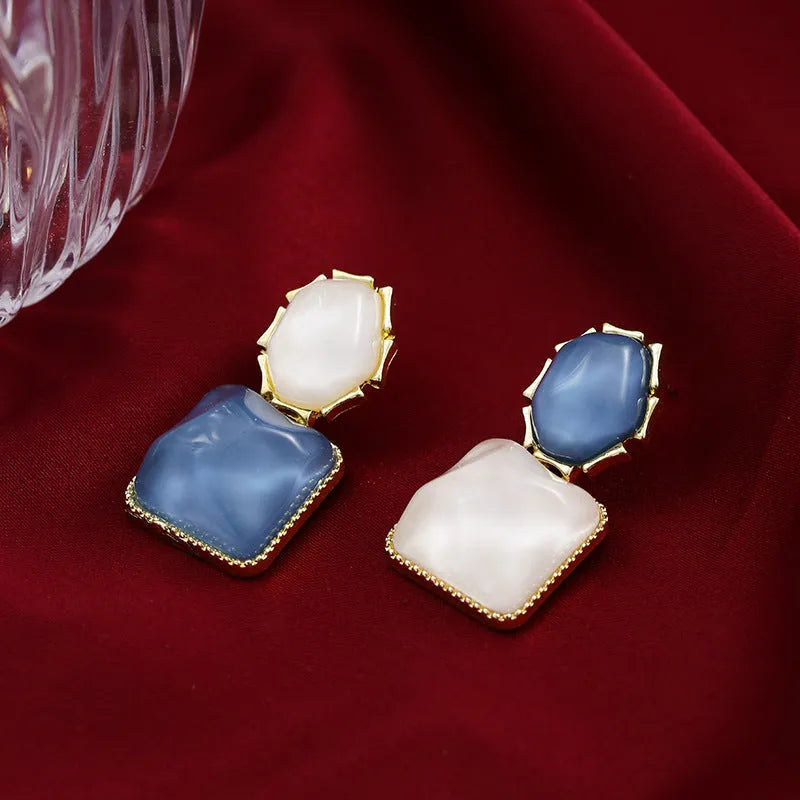 Contrast colour water ripple geometric square earrings in forest green, electroplated alloy, 1.5cm, women's Korean style jewellery