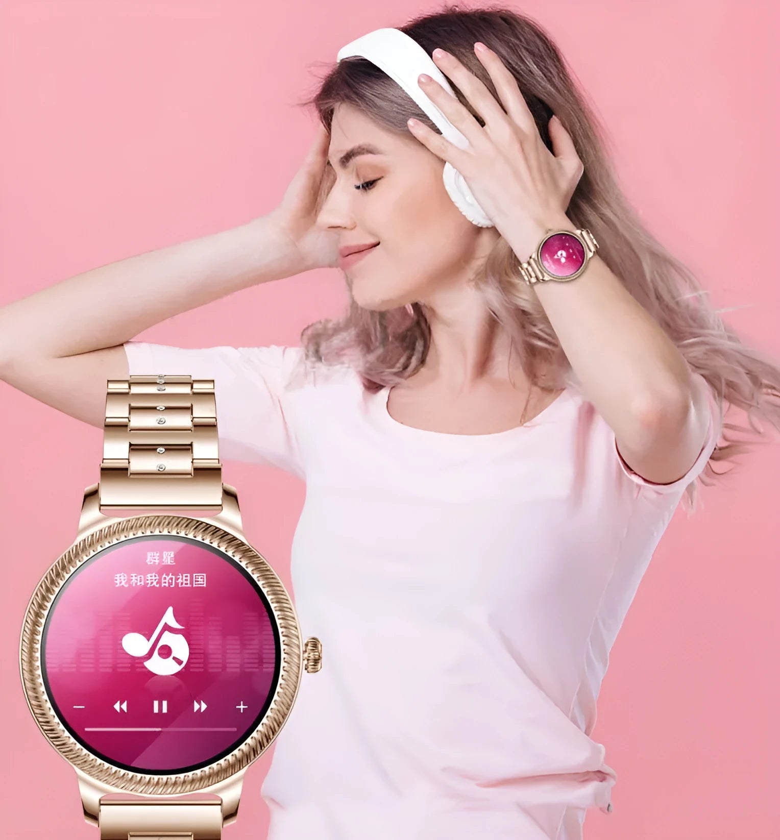 AK38 ladies smart watch with stainless steel Milanese band and a lit 1.09-inch colour screen.