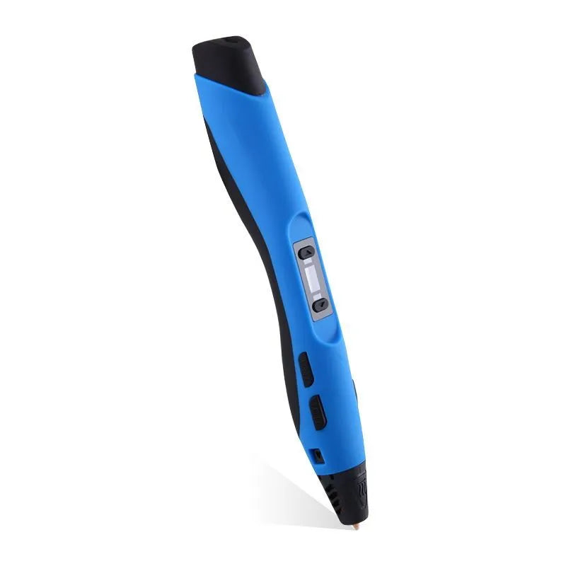 Plastic 3D printing pen in black with nozzle tip, 18cm long, on white background
