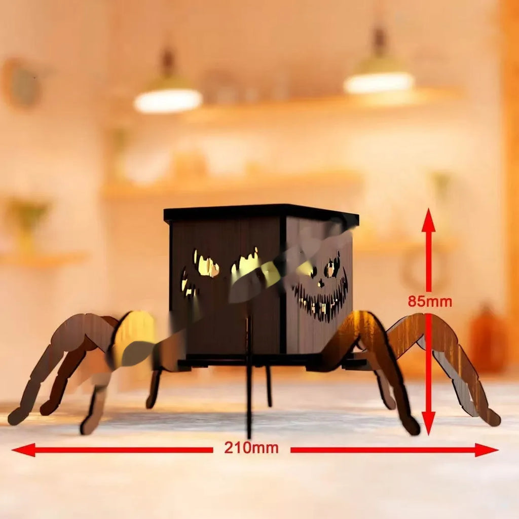 Wooden spider lantern candlestick Halloween decoration measuring 21cm by 8.5cm