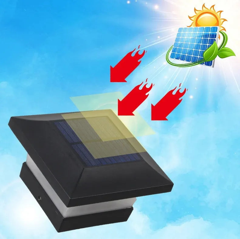 Compact 5W solar LED landscape light measuring 153x153x97mm with warm and white light options