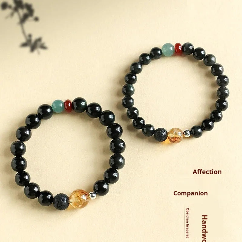 Chinese style obsidian yellow tower crystal agate jade bracelet with 8mm or 10mm bead options