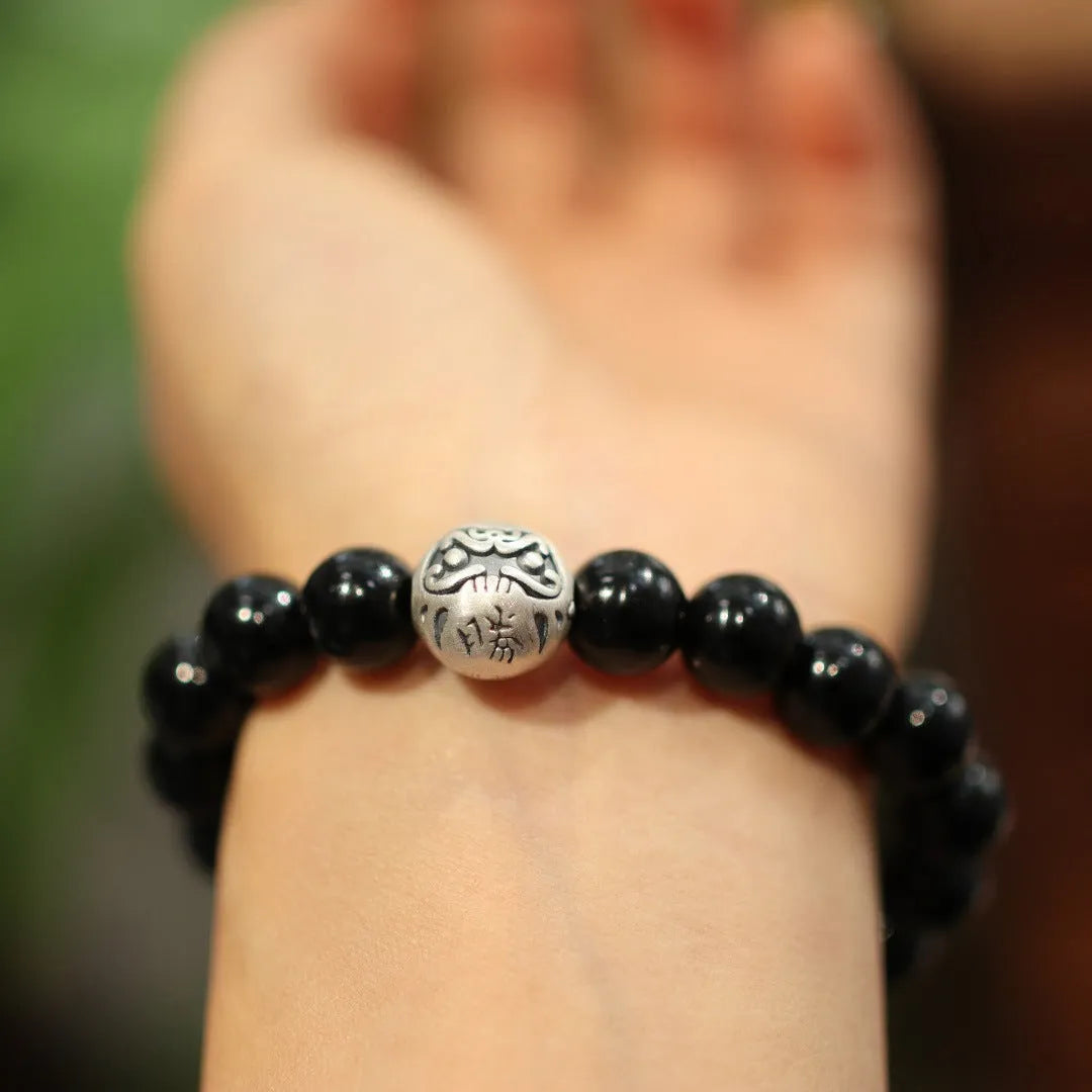 Chinese-style black agate bracelet with 10mm beads and sterling silver clasp