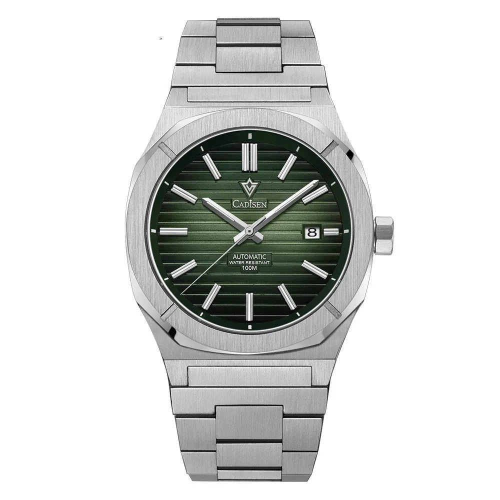 Men's automatic mechanical watch with 40mm stainless steel case, white dial, and blue steel band