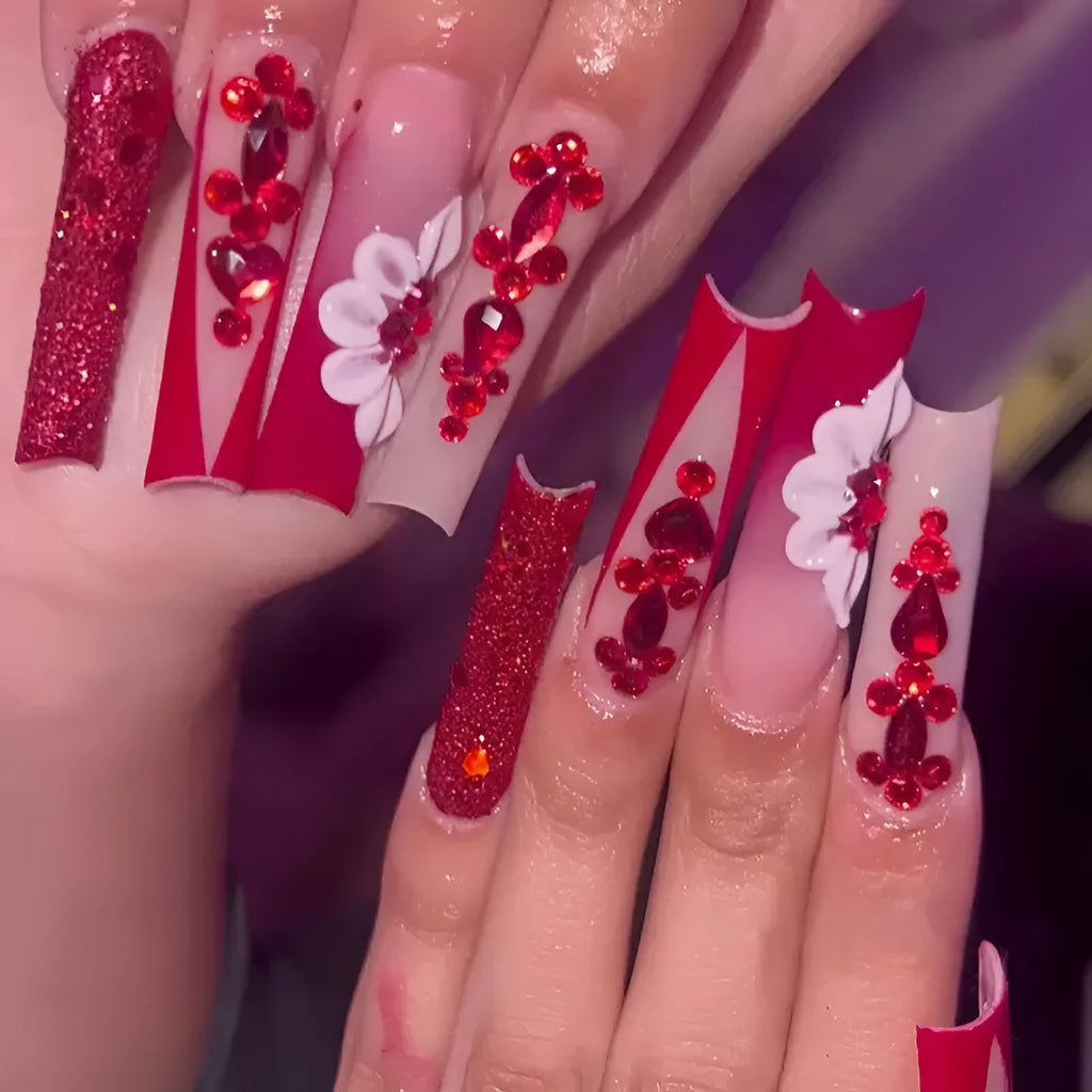 Sweet flower pattern fake nails with red prismatic diamonds in European square shape