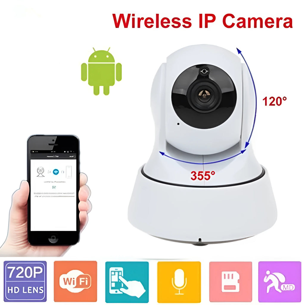 White 720P wireless network camera with pan/tilt, night vision, and built-in speaker for indoor security