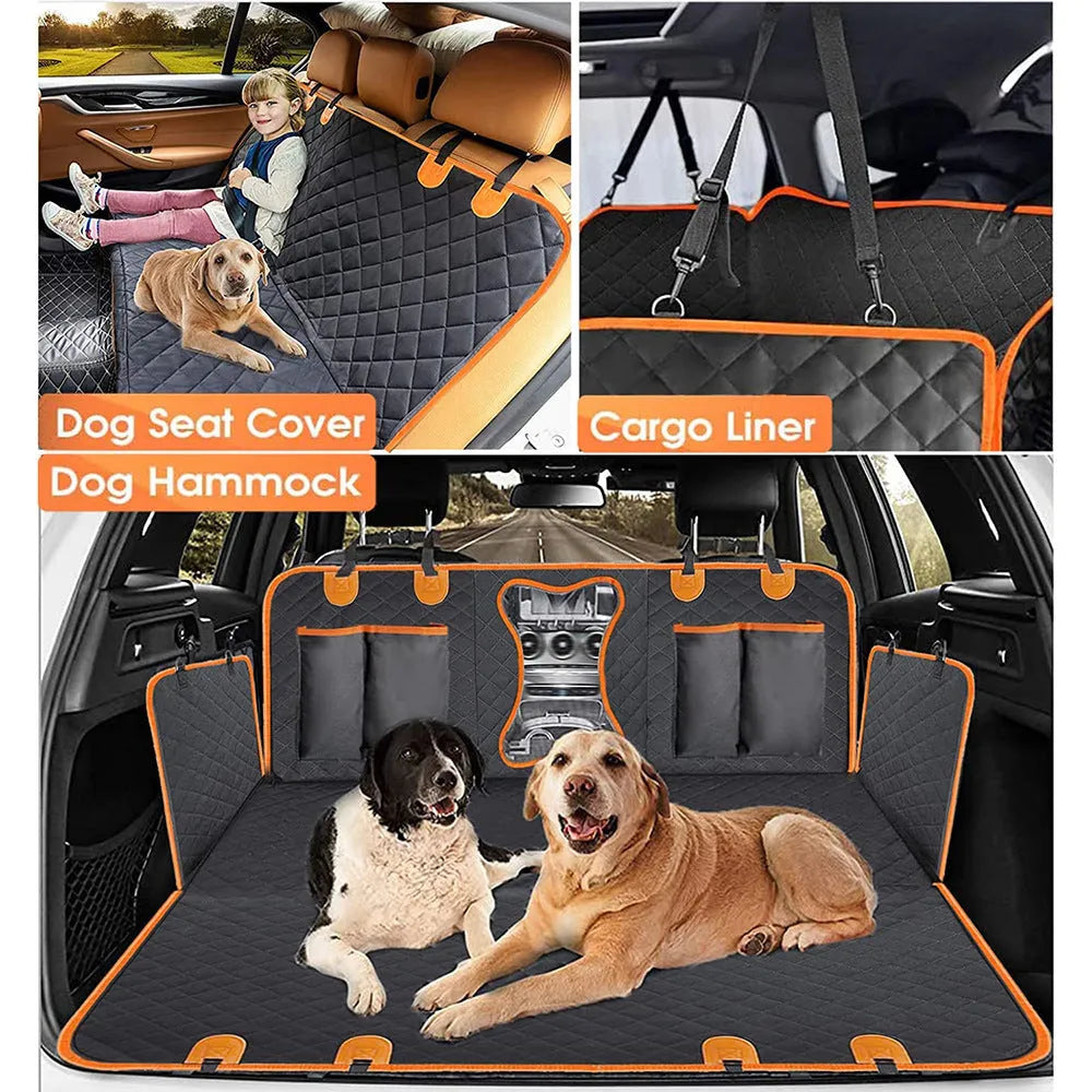 Black orange edge waterproof dog car seat cover with mesh window and accessory pocket