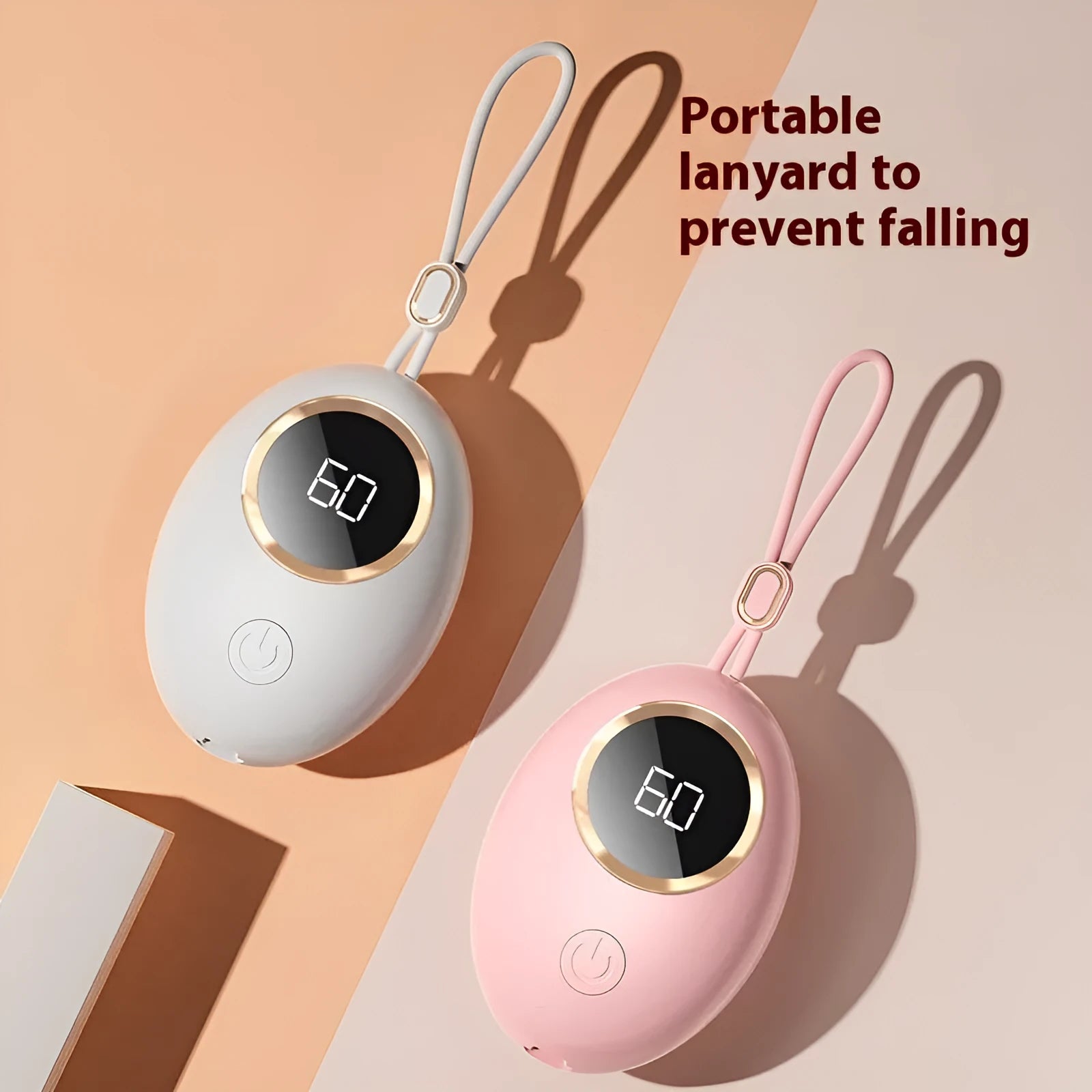 A portable hand warmer and power bank unit with a digital display, shown in various colour options.