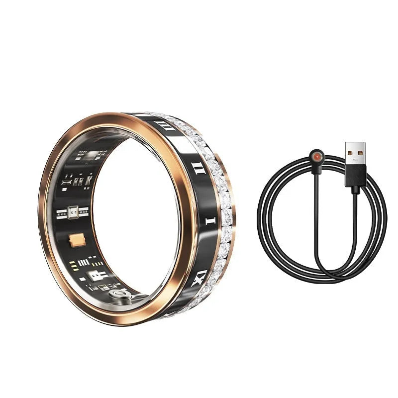 Silver and gold coloured smart ring on a finger showing health monitoring and blood oxygen tracking features.