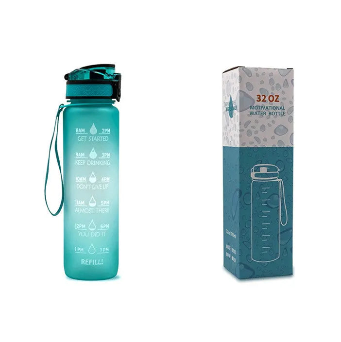 Blue and red gradient 1 litre Tritan sports water bottle with time markers and a black flip-top lid.
