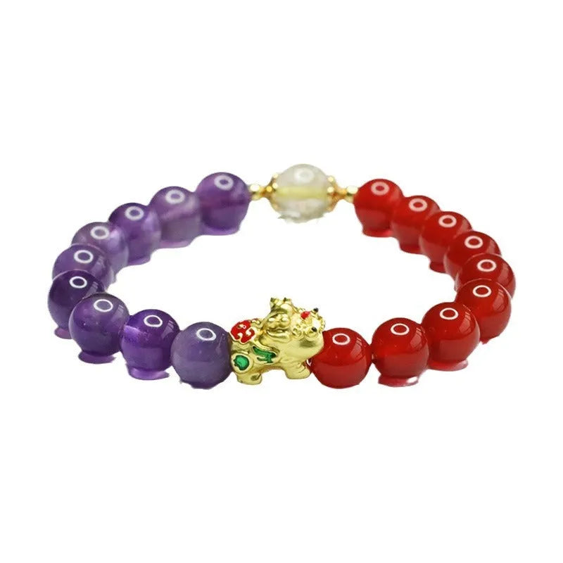 Amethyst and red agate Chinese style beaded bracelet with 8mm stones.