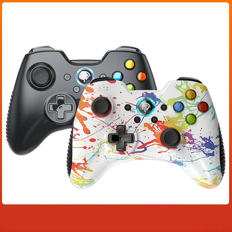 Dual mode wireless game controller for PC in black, green, red, or white colours.