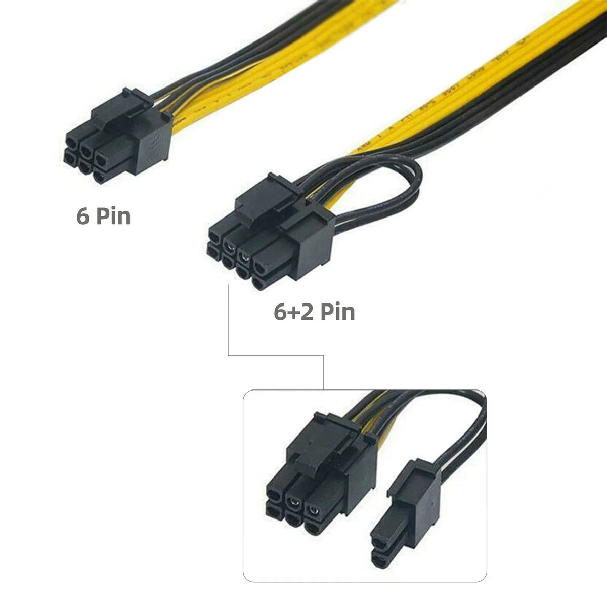 Yellow 6 pin to dual 8 pin PCIe graphics card power cable, 70cm plastic adapter lead