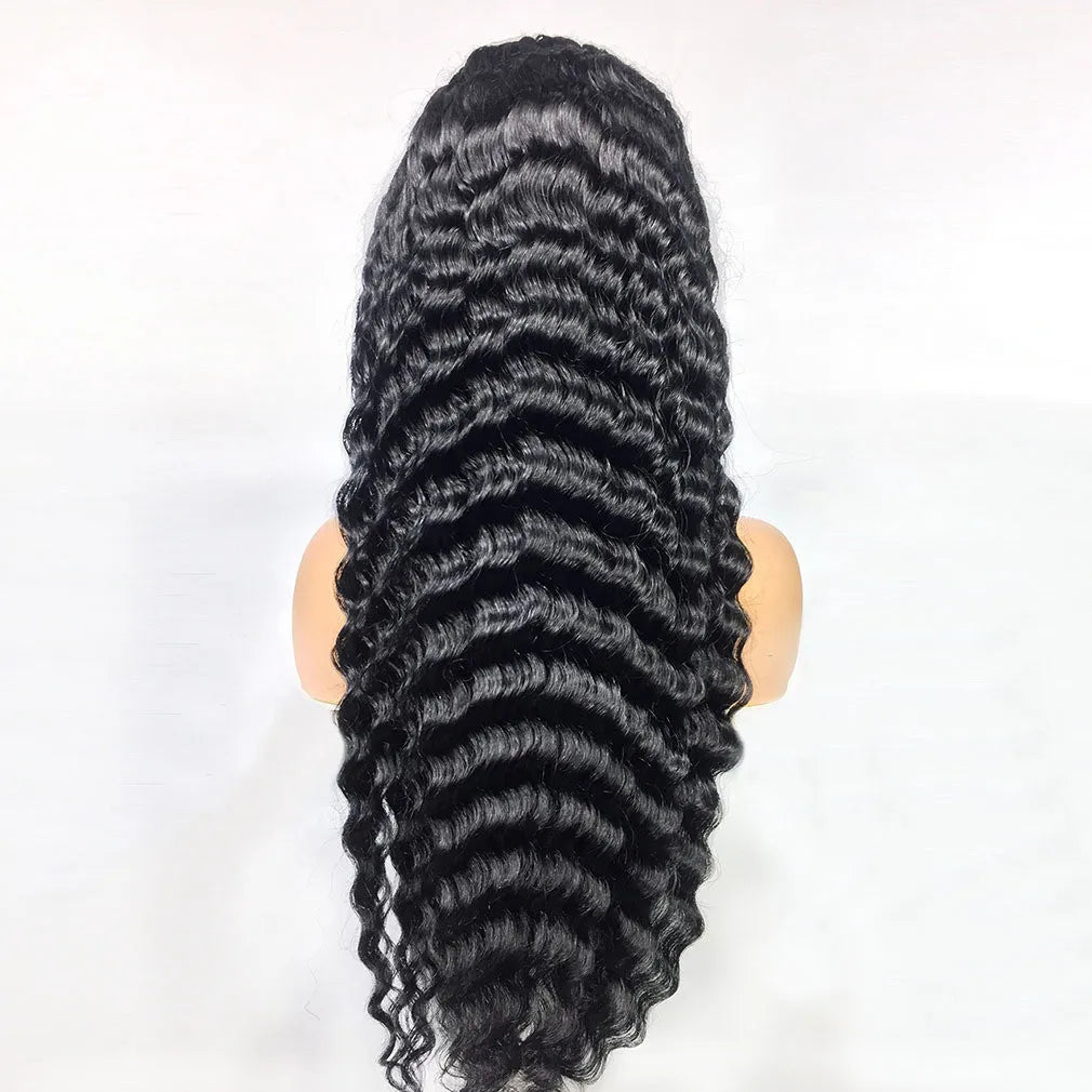 Deep wave human hair lace frontal wig black medium long length 8 inches