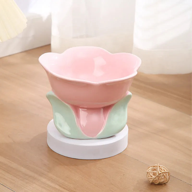 Ceramic raised pet bowl with floral pattern and non-slip base for cats and small dogs