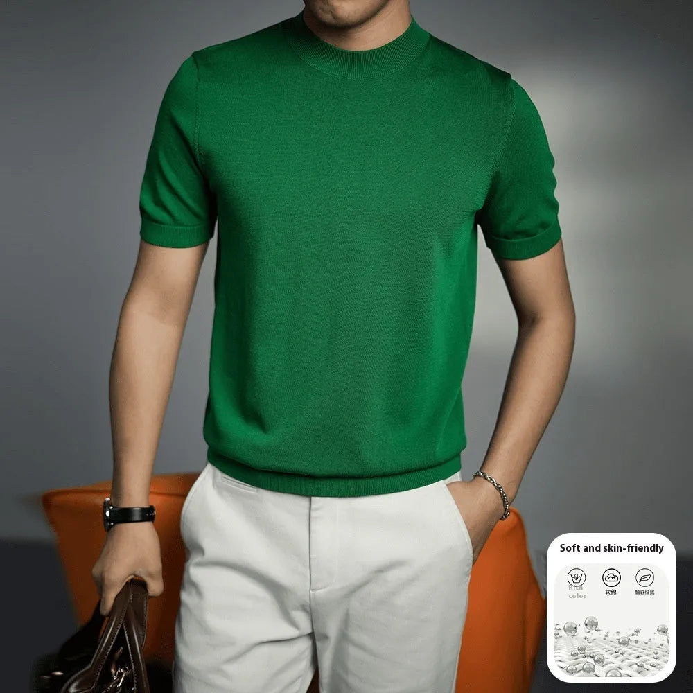 Men's knitted business T-shirt in solid colours with round neck and short sleeves