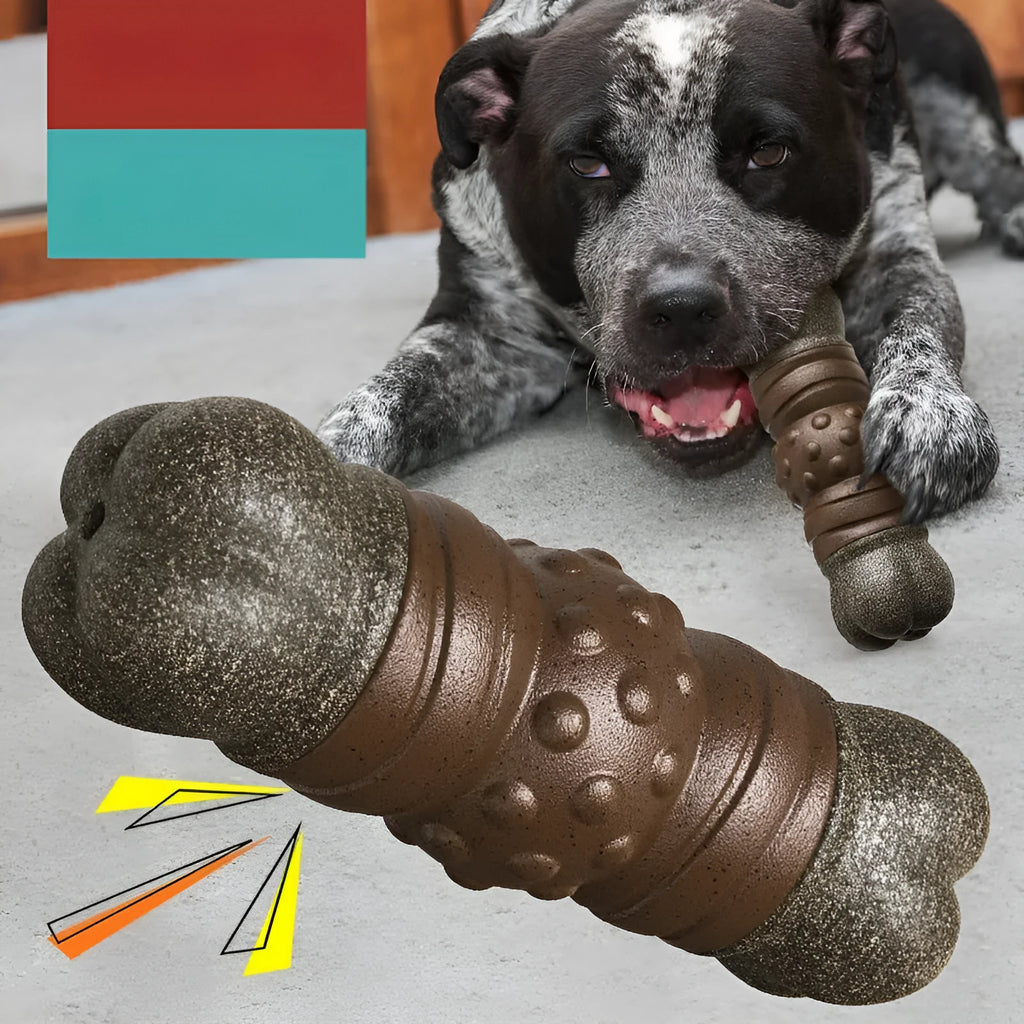 Wood coloured plastic dog bone toy with textured molar cleaning rods and a squeaker.