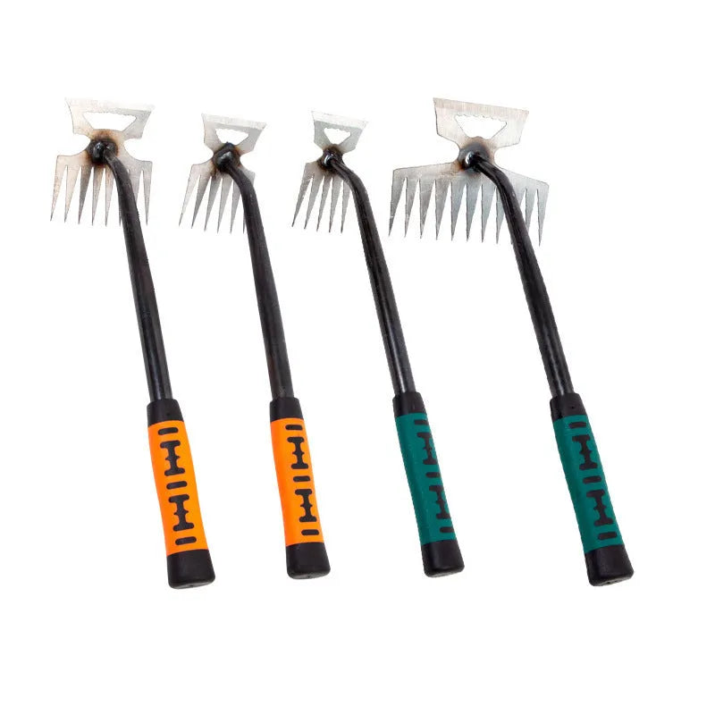 Carbon steel garden rake with green steel handle, available with 5 or 6 teeth and 3cm or 3.5cm pitch