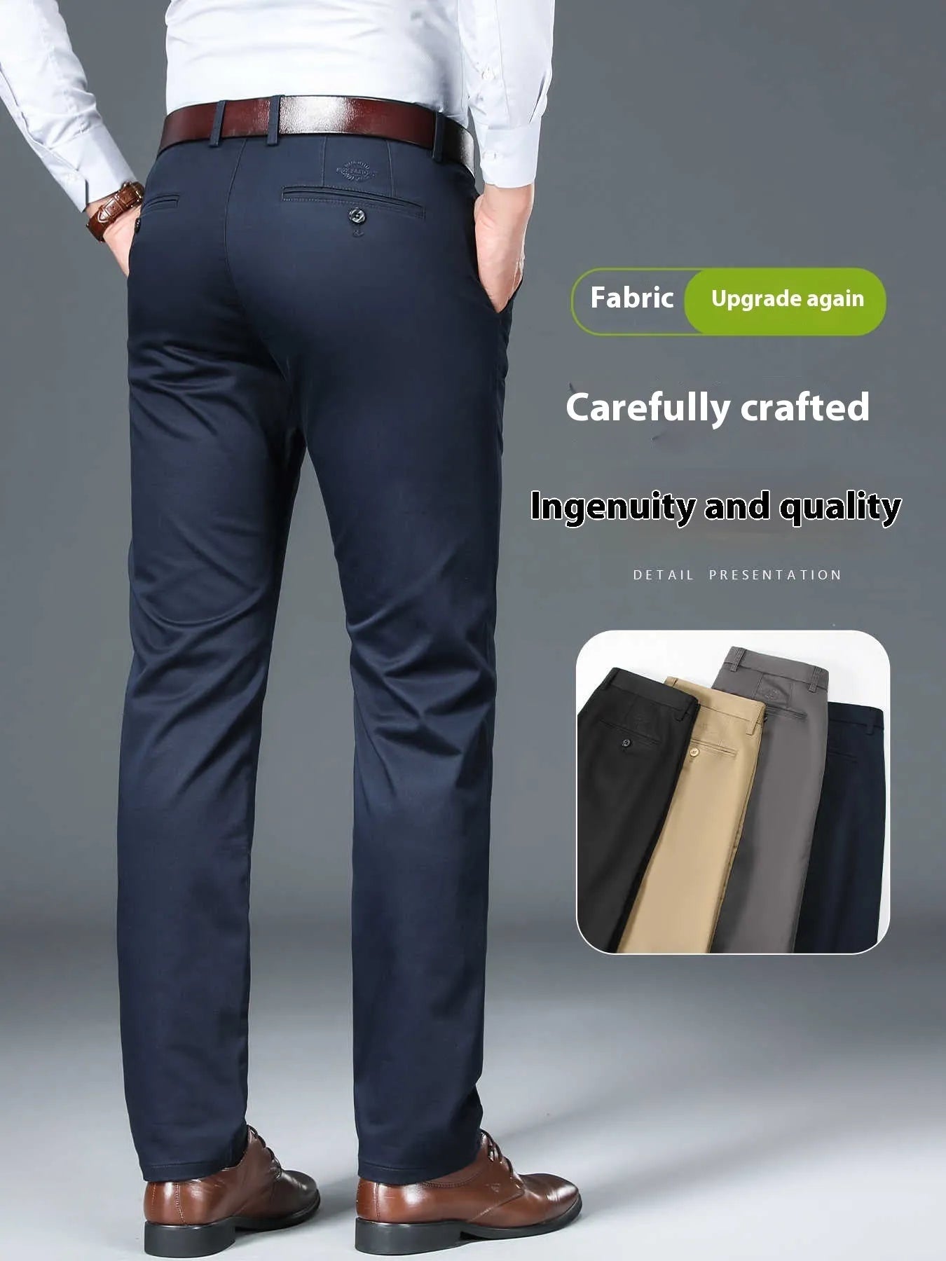 Men's straight leg non-ironing casual trousers in black, grey, khaki, and blue.