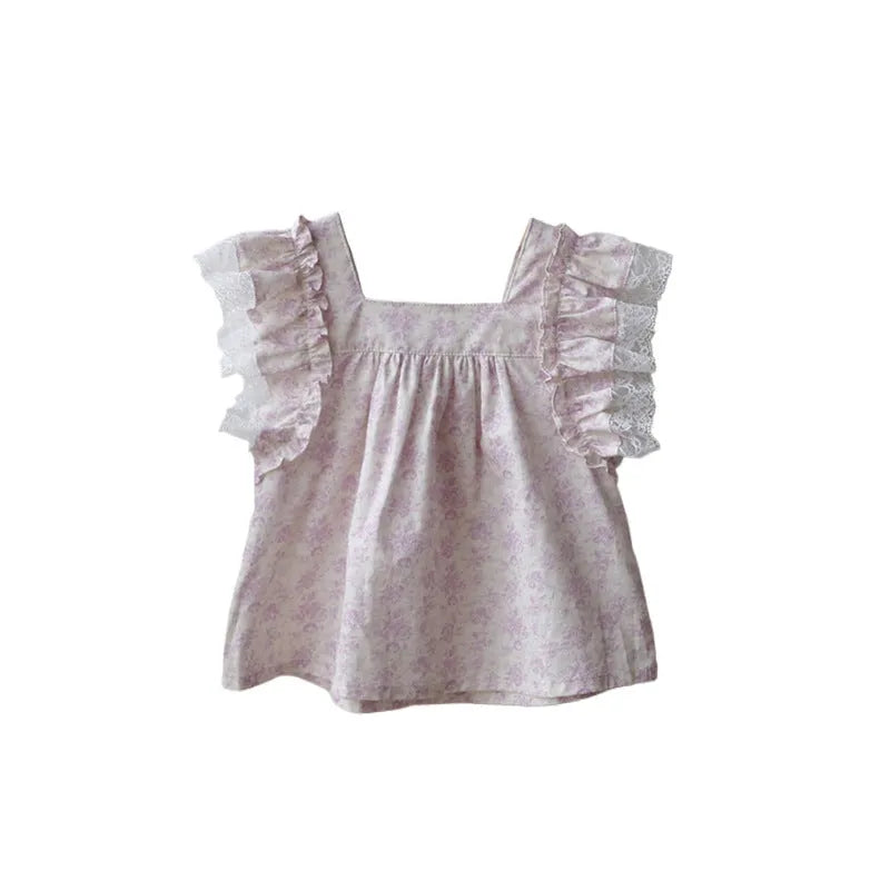 Girls' strawberry lace bow cotton top in purple or blue, short sleeve summer shirt, 90-150cm