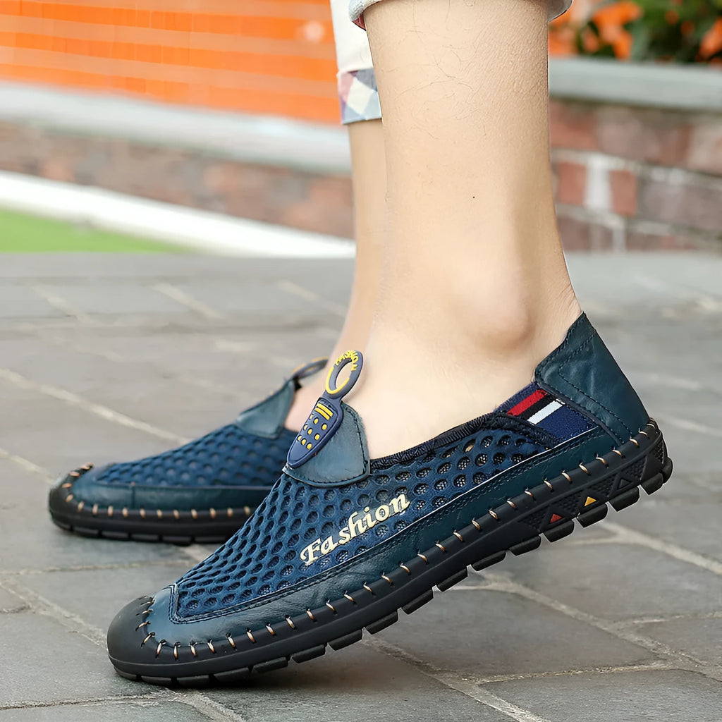 Men's brown casual mesh shoes with round toe and rubber sole on a white background.