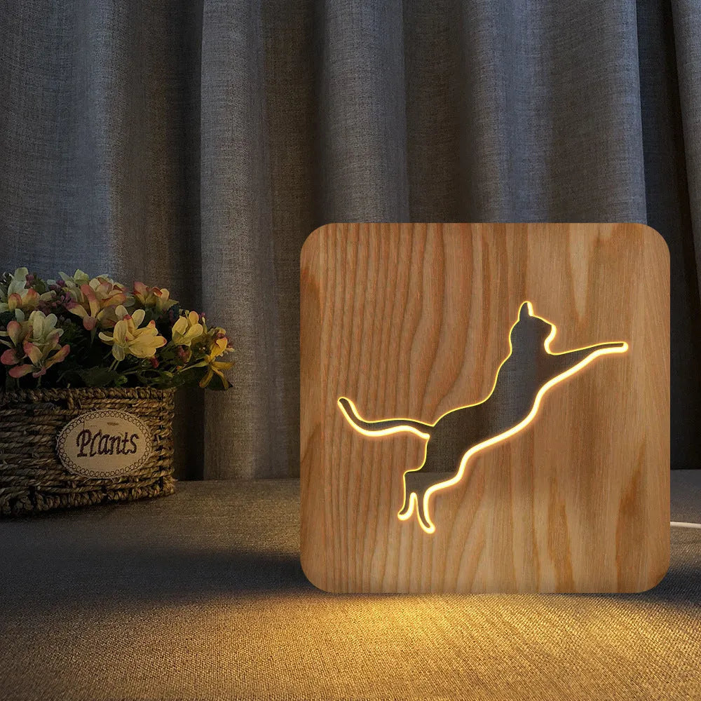 Solid wood 3D cat silhouette night light with hollow design and USB power cable