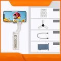 Black or white 3‑axle foldable phone stabiliser showing compact 179mm size and USB port.