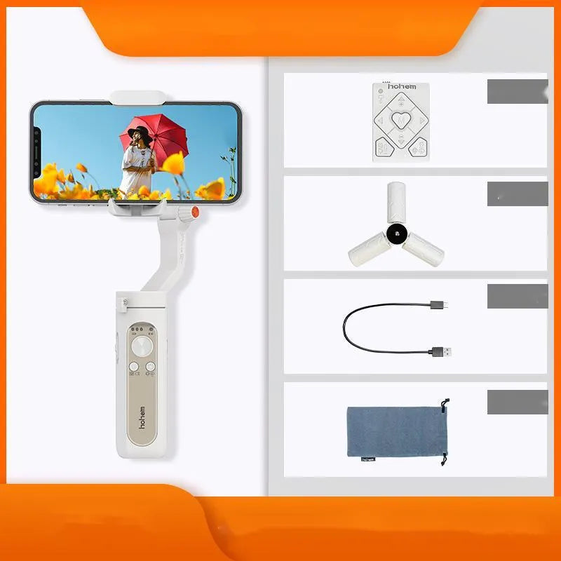 Black or white 3‑axle foldable phone stabiliser showing compact 179mm size and USB port.
