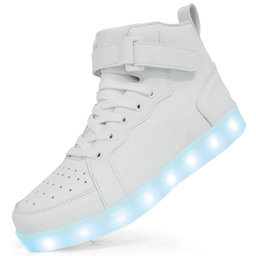LED light-up high-top board shoes in black with velcro strap and rubber sole.