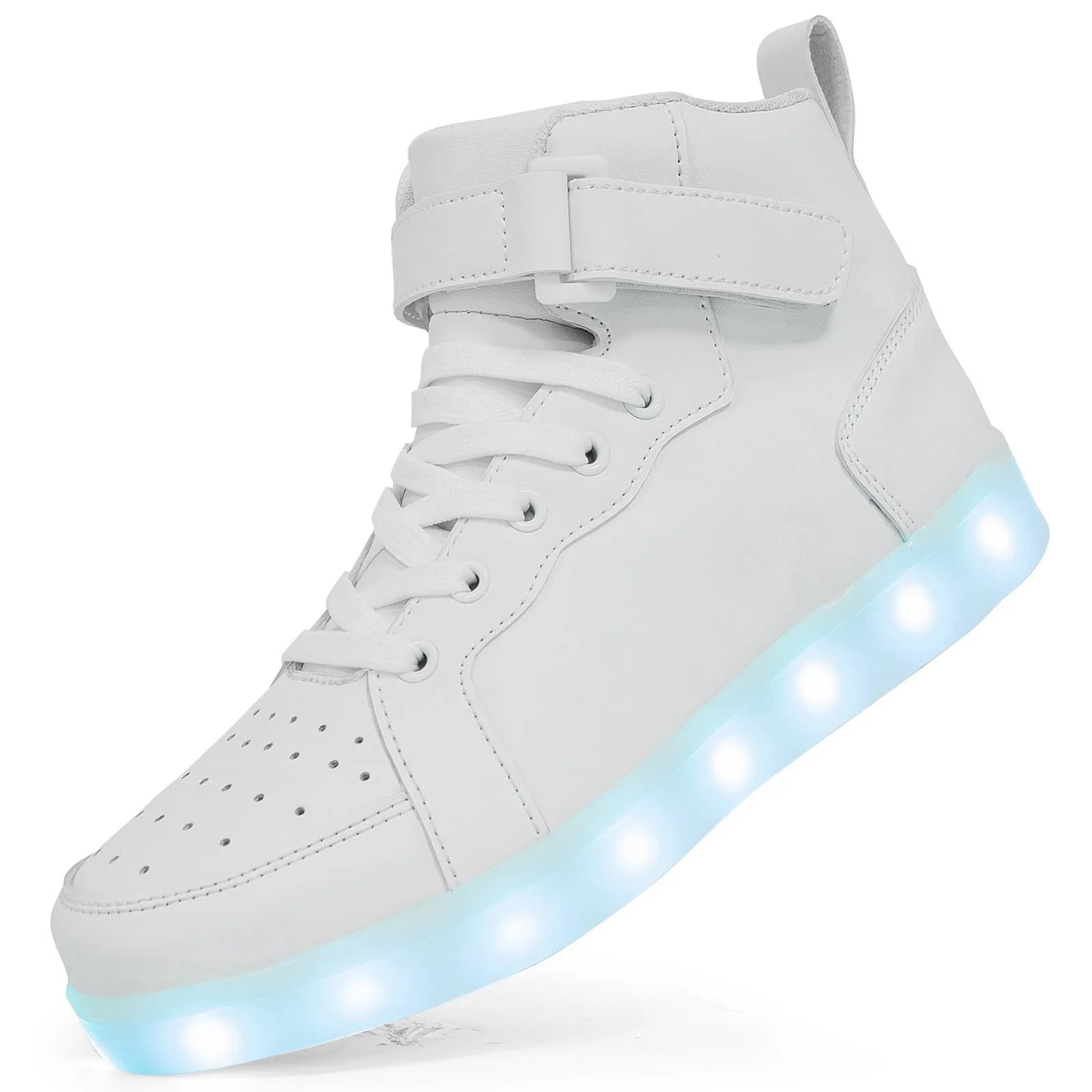 LED light-up high-top board shoes in black with velcro strap and rubber sole.