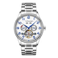 Men's stainless steel mechanical watch with hollow dial, sapphire glass, and genuine leather strap.