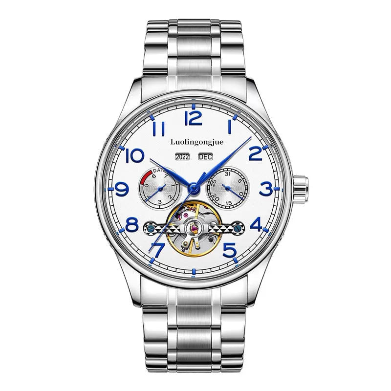 Men's stainless steel mechanical watch with hollow dial, sapphire glass, and genuine leather strap.