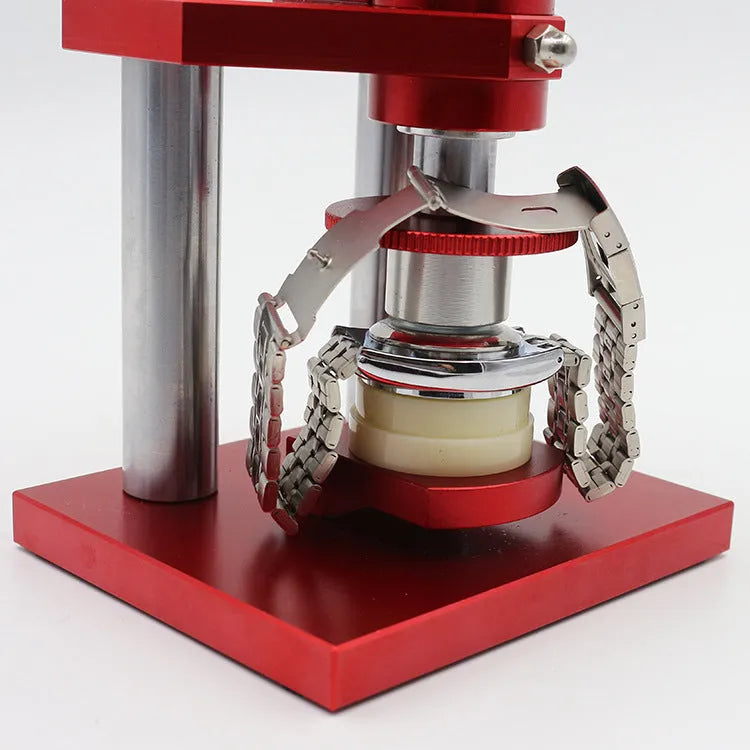 Watch repair spiral cap presser tool with a set of twenty plastic moulds for watch back covers.