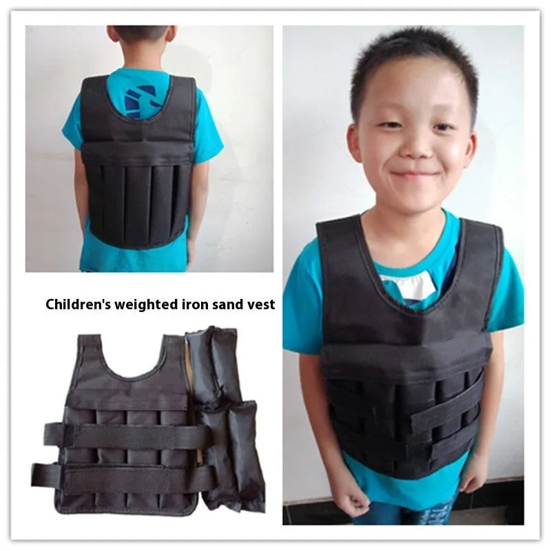 Children's adjustable voile sand vest with removable weight pouches on a mannequin.