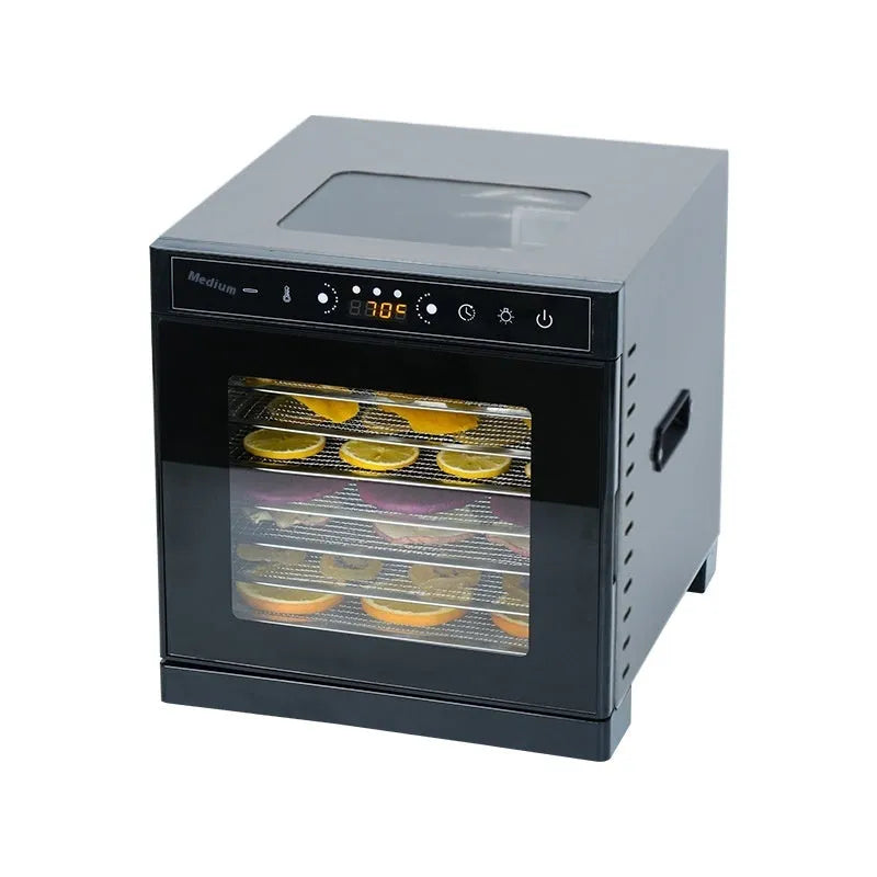 Stainless steel fruit dehydrator with multiple trays and LED control panel.