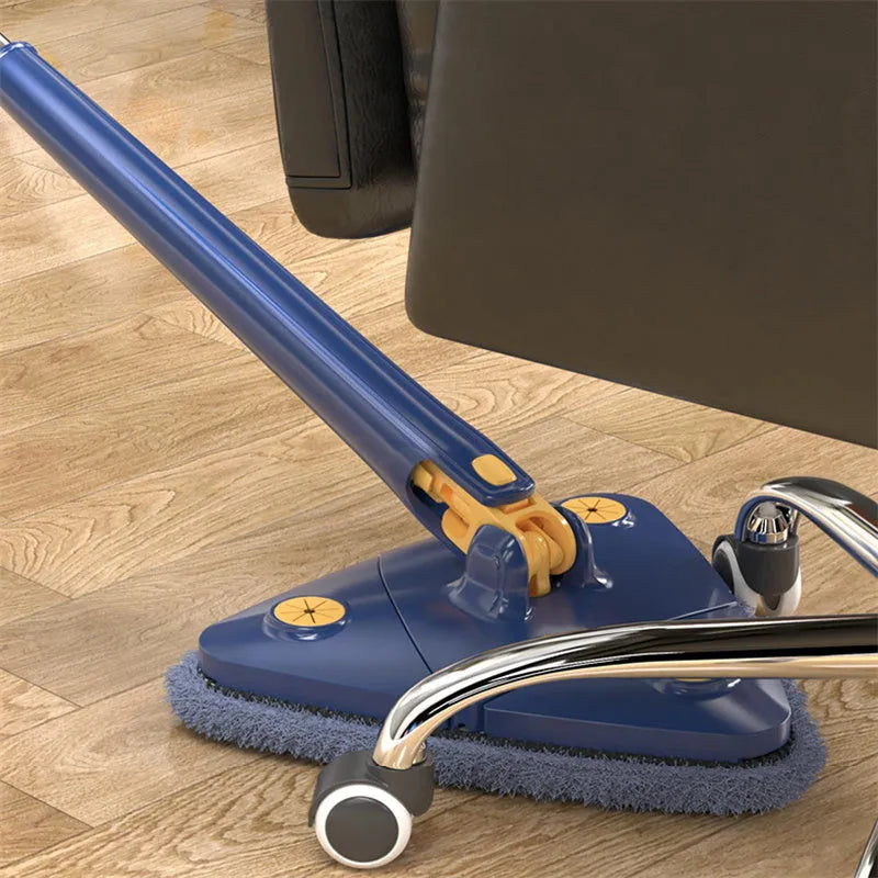 Blue extendable triangle mop with rotating head and long stainless steel pole for cleaning floors and walls