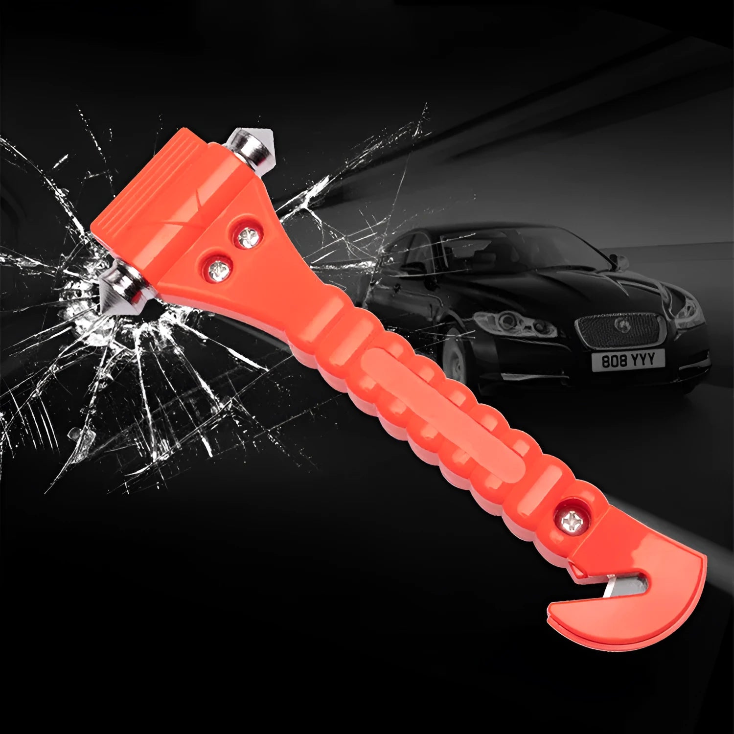 Red car emergency hammer with integrated seatbelt cutter and window breaker tip