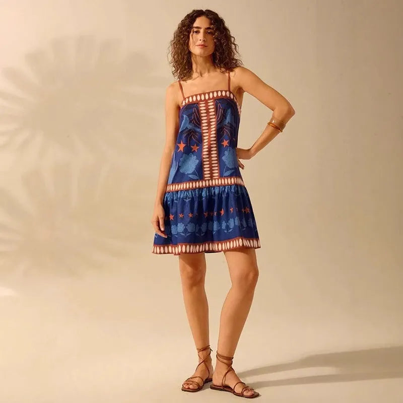 Women's blue one-shoulder printed A-line dress, strapless sleeveless mid-length style with ruffle detail