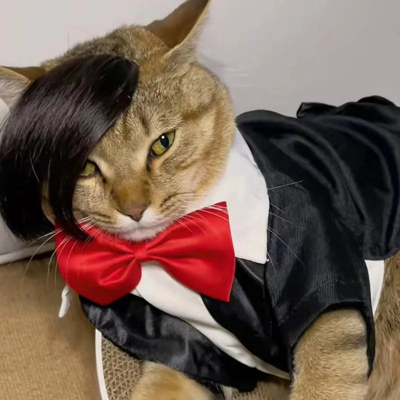 Black polyester cat wig with imitation braid design on a cat