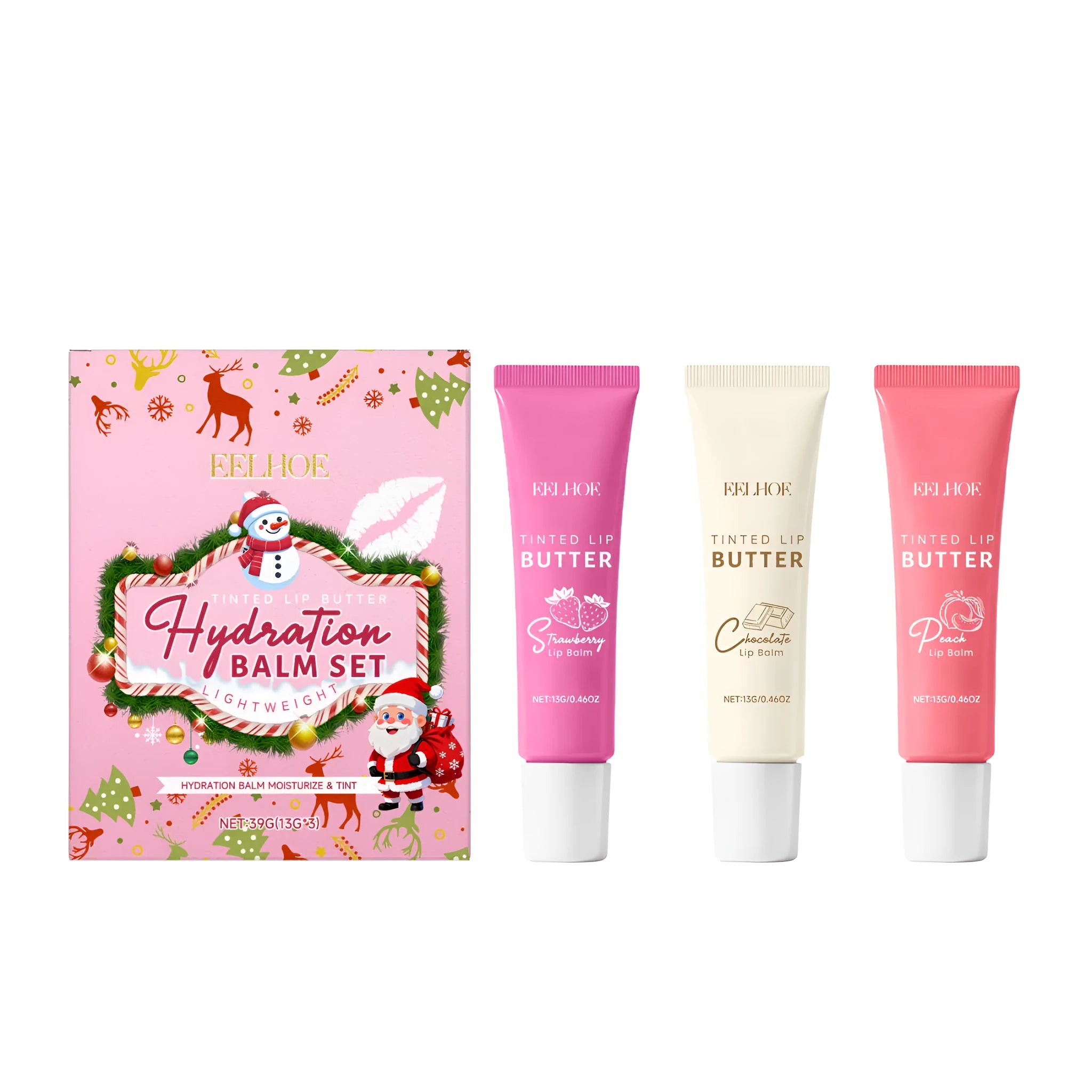 Three lip balm tubes in strawberry, chocolate, and peach flavours on a light surface