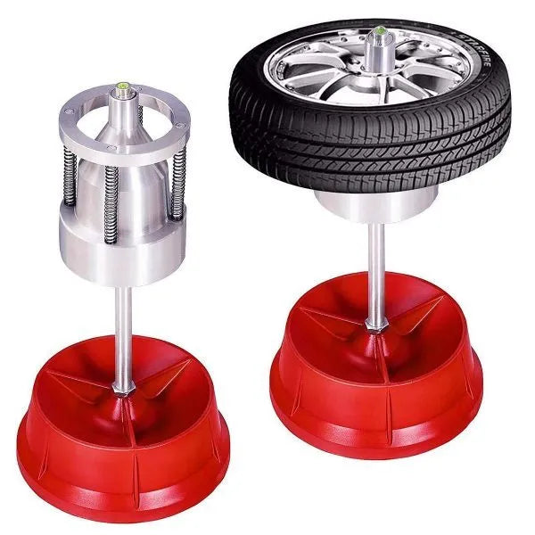 Portable aluminium hub wheel balancer with bull's eye level on an enamel base.