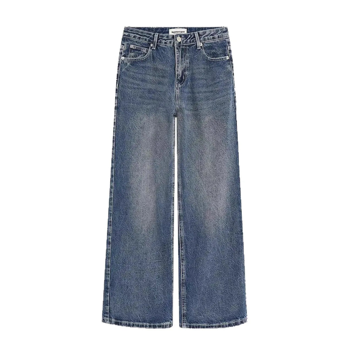 Blue designer embroidered high-waisted retro loose slimming trousers with mid waist and zip fly, sizes S to 3XL.