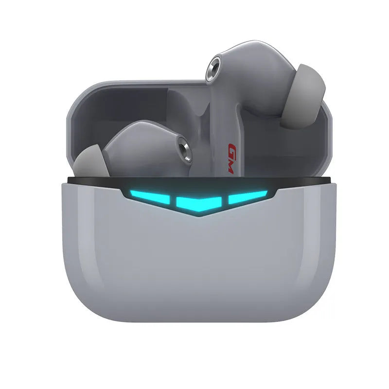 True wireless black Bluetooth in-ear gaming headphones with charging case and silicone ear muffs.