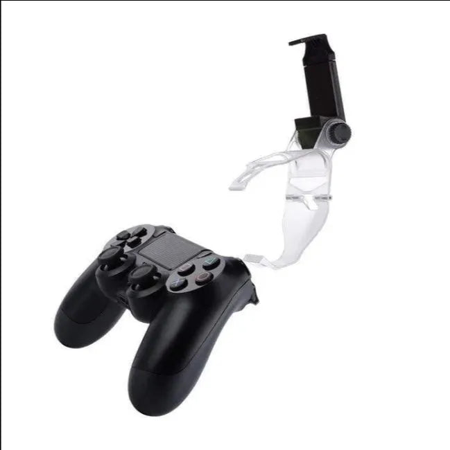 Black PS4 controller phone clip holding a mobile phone, with an OTG USB cable connected