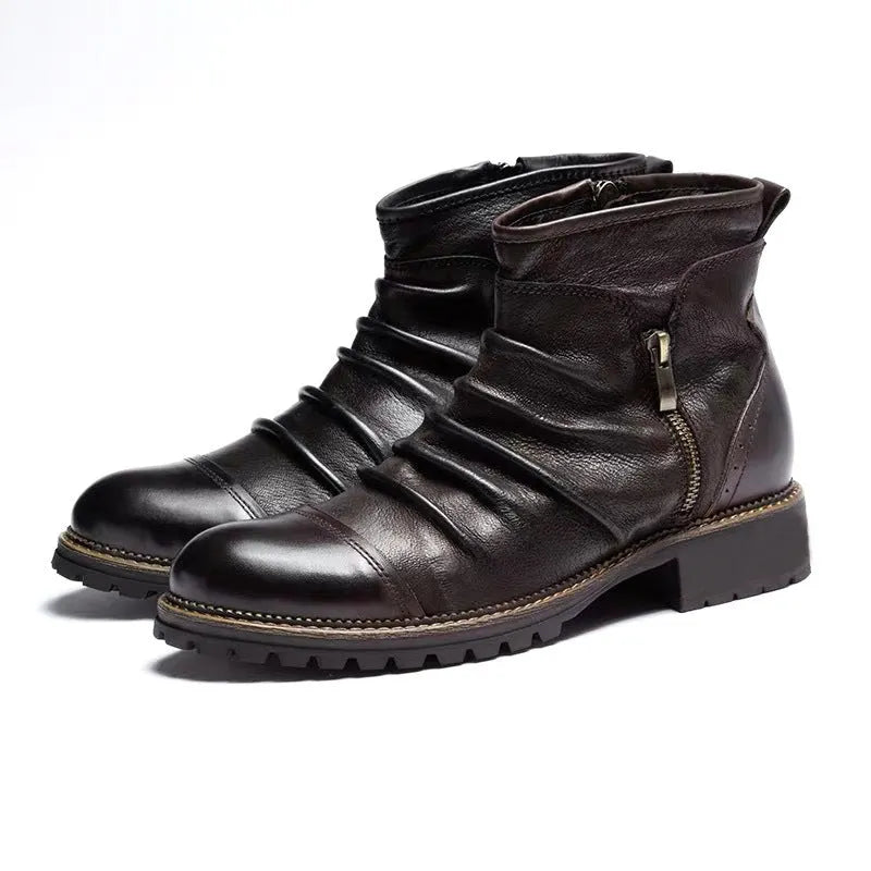 Black high-top Martin boots with side zip and horseshoe heel on a plain background.