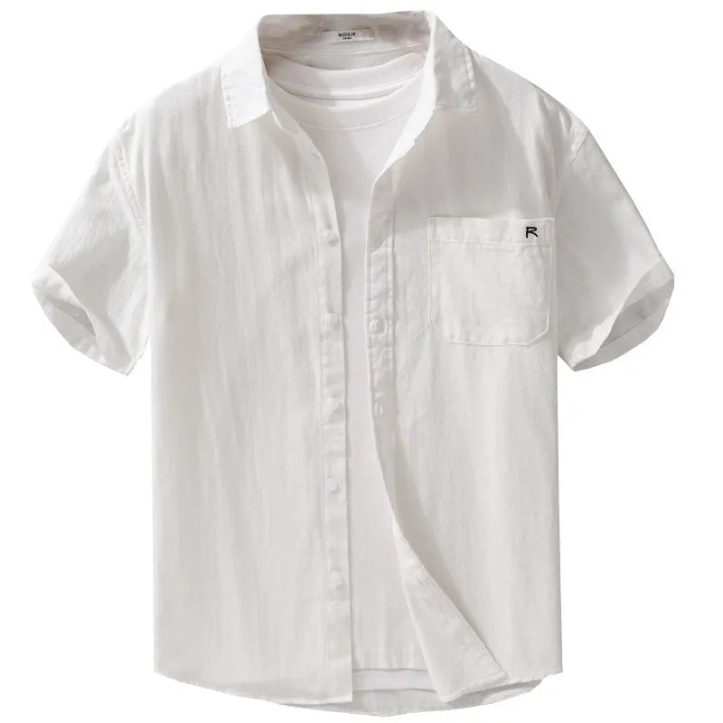 Mens loose pure cotton short-sleeved shirt in a light khaki colour, cardigan style.