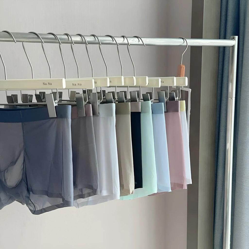 Ultra-thin nude colour men's boxers with antibacterial honeycomb crotch in ice silk fabric.