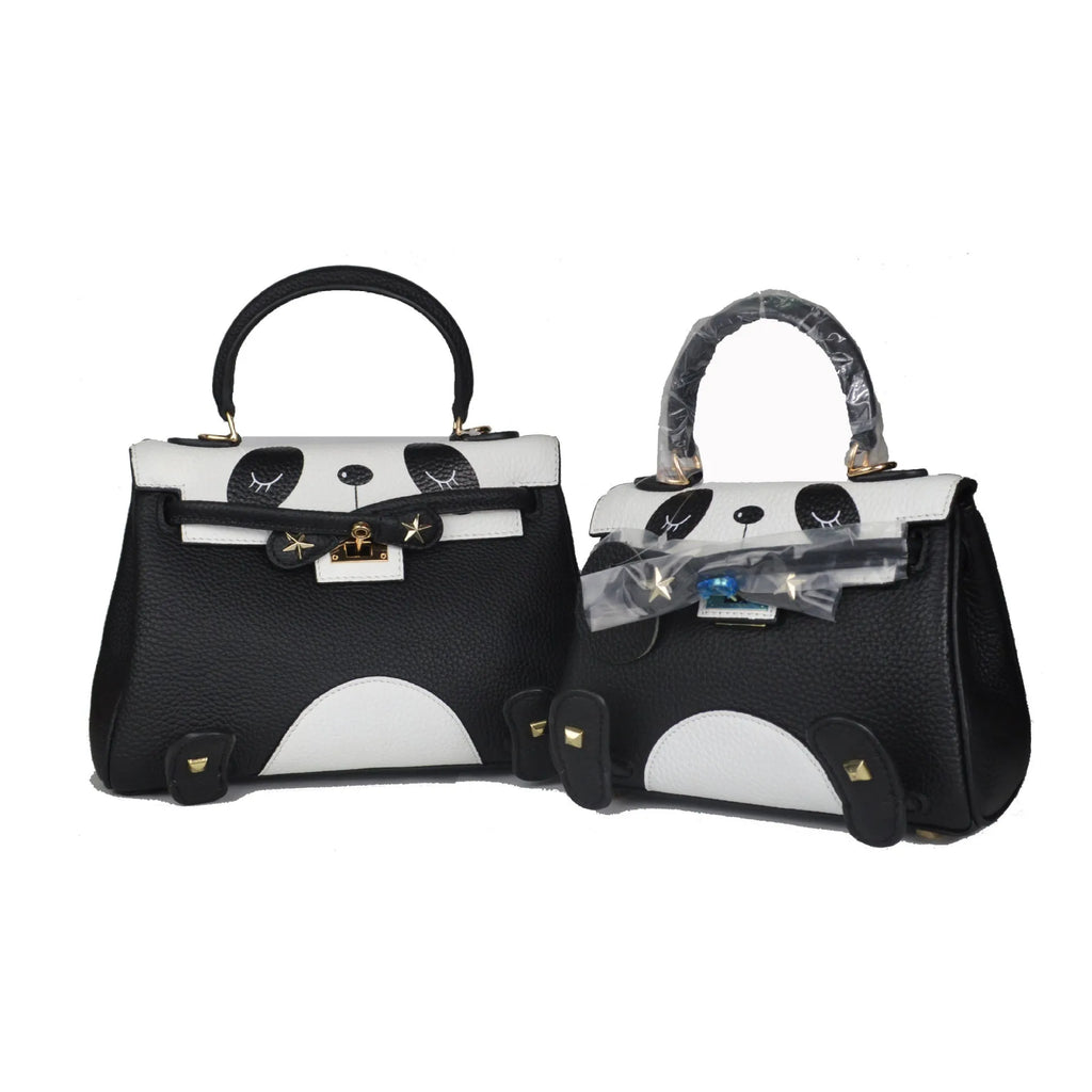 Panda animal print handbag made from cowhide leather in a horizontal square shape.