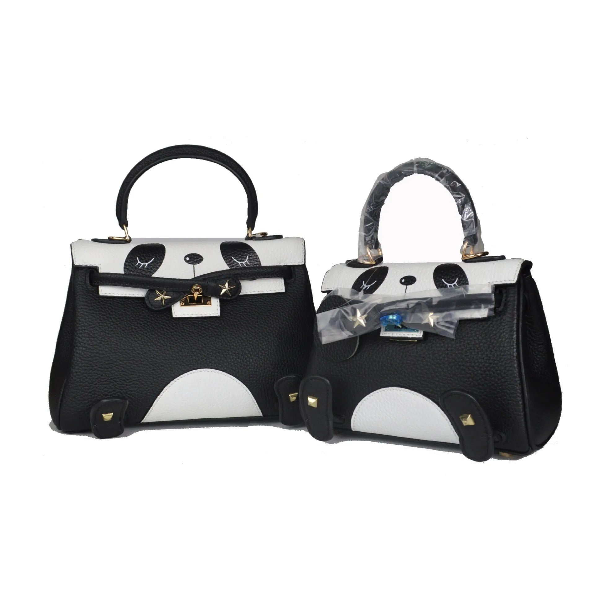 Panda animal print handbag made from cowhide leather in a horizontal square shape.